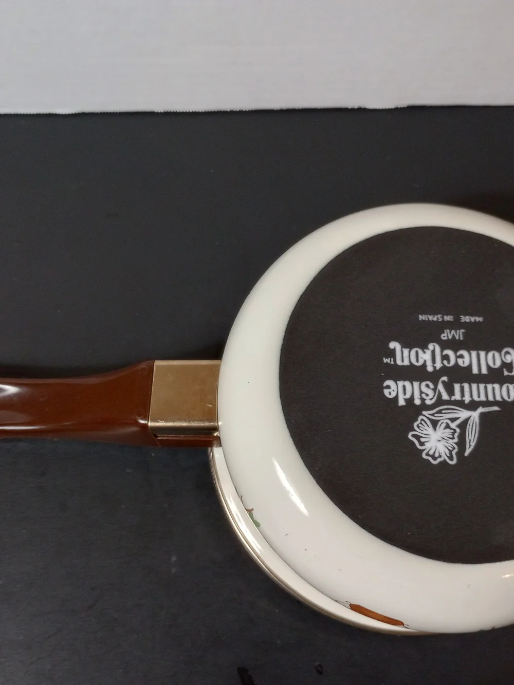 Cream Enamel Saucepan with Orange Floral Motif and Brown Handle